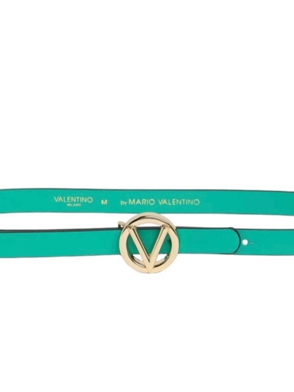 Mario Valentino Teal Slim Leather Belt with Gold Logo Buckle